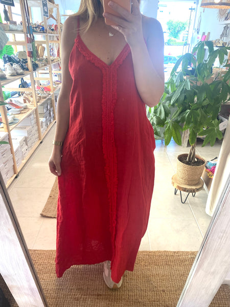 Vestido comprido linho vermelho