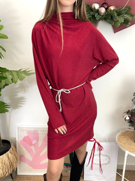 Vestido lurex bordeaux com cinto prata