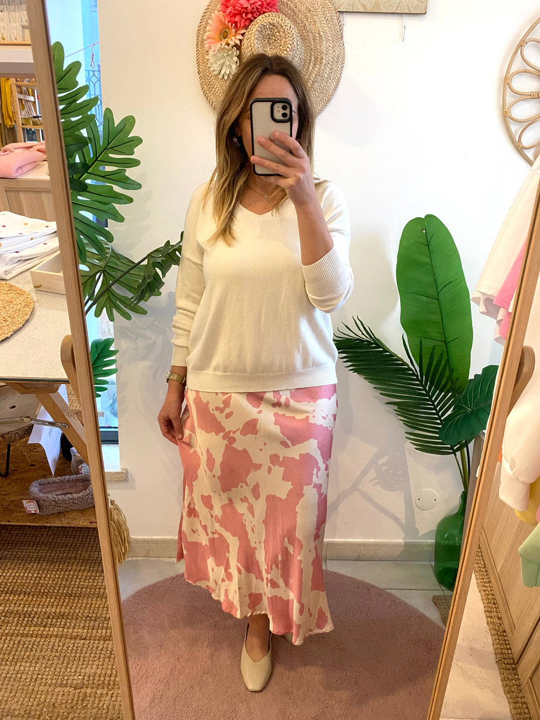 Saia acetinada padrão vaca rosa