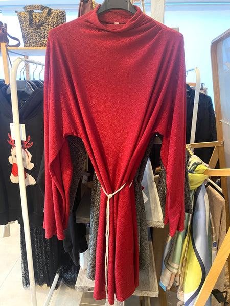 Vestido lurex bordeaux com cinto prata